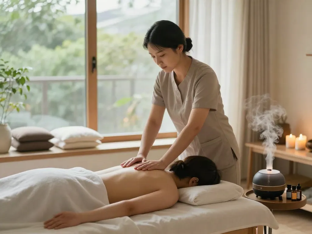 Client receiving 영등포출장안마 in a serene home setting with soothing ambiance.